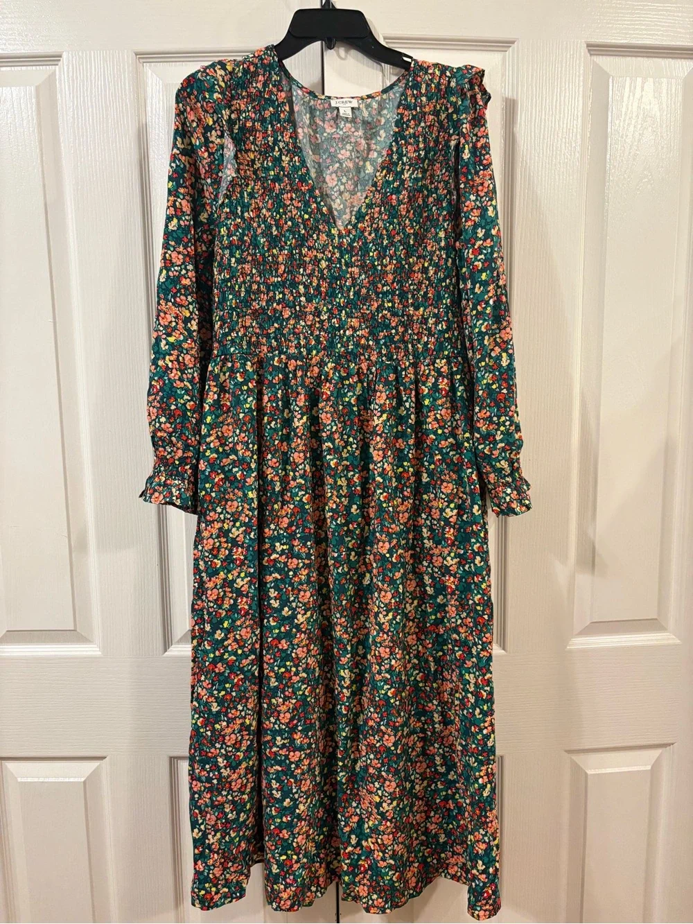 J.Crew V-Neck Smocked Midi Dress L Green Floral Cottagecore Prairie modest BK526